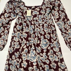 Abercrombie Fitch Dress Women’s XSP Burgundy Blue Floral Puff Sleeve Smocked NWT